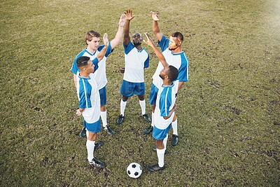 Buy stock photo Men, football team and stretching in circle on field for training exercise and teamwork for muscle development. Group, soccer and start workout together for strong body, blood flow and stop injury