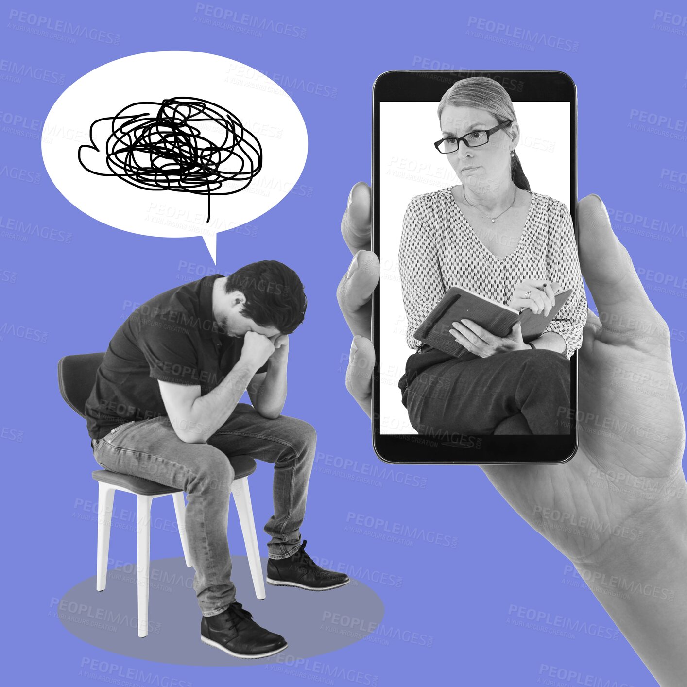 Buy stock photo Phone, psychologist and man crying at an online therapy session with a mobile device in studio. Mental health, support and therapist on cellphone looking at male with depression by purple background.