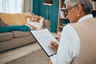 Buy stock photo Woman lying on sofa, therapist writing notes on clipboard for mental health advice and consulting in office. Stress, anxiety and depression, sad person and psychologist in patient consultation room.