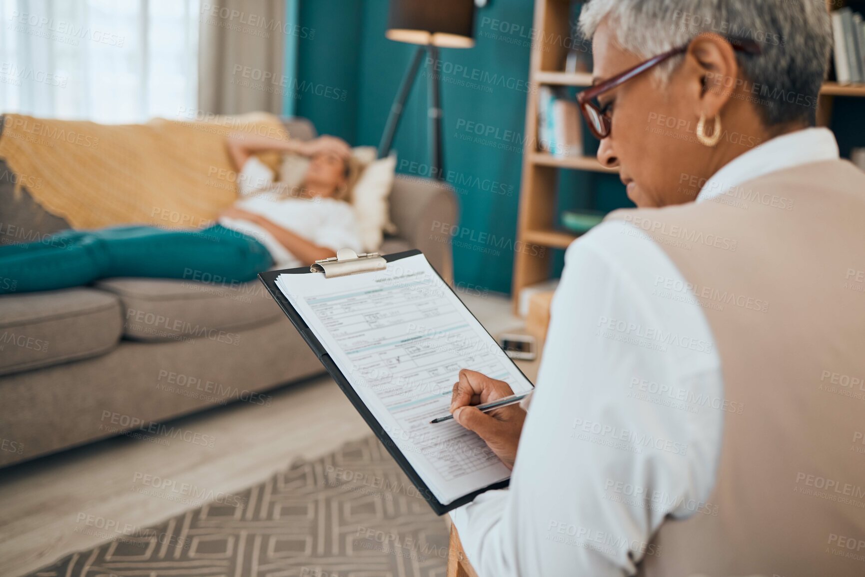 Buy stock photo Woman lying on sofa, therapist writing notes on clipboard for mental health advice and consulting in office. Stress, anxiety and depression, sad person and psychologist in patient consultation room.