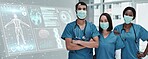 Anatomy, digital research and doctors for future technology, hologram or xray overlay in medical face mask. Hospital portrait, proud and diversity teamwork of healthcare people in futuristic surgery