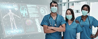 Buy stock photo Anatomy, digital research and doctors for future technology, hologram or xray overlay in medical face mask. Hospital portrait, proud and diversity teamwork of healthcare people in futuristic surgery