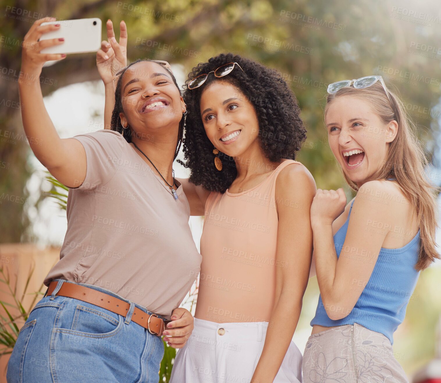 Buy stock photo Selfie, girl friends and smile of student women together with travel and freedom with a phone. Outdoor, happiness and happy summer vacation taking a social media profile picture in a park on holiday