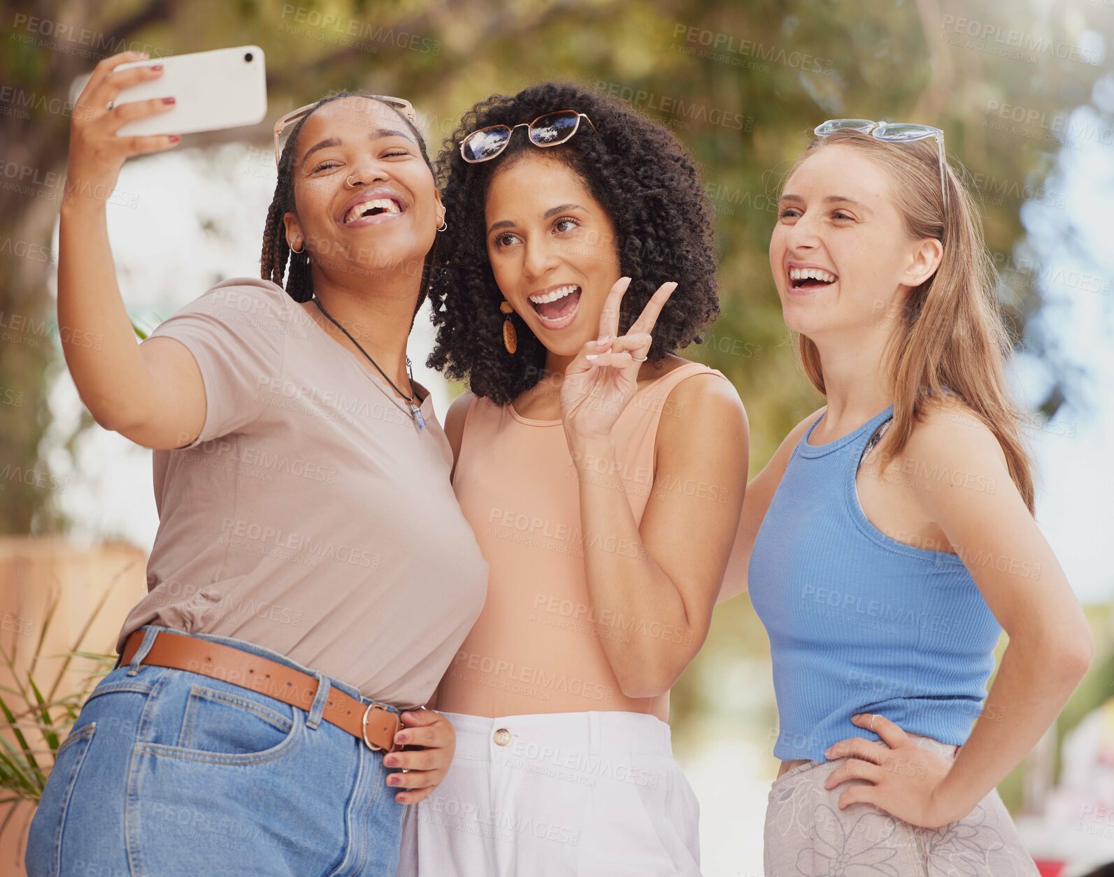 Buy stock photo Women friends, park selfie and peace sign with diversity, happy laugh and sunshine with smile on holiday. Black woman, girl or profile picture with solidarity, excited gen z students and social media