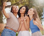 Selfie, girl friends and peace sign of students together with travel and freedom with a phone. Outdoor, happiness and happy summer vacation taking a social media profile picture in a park on holiday