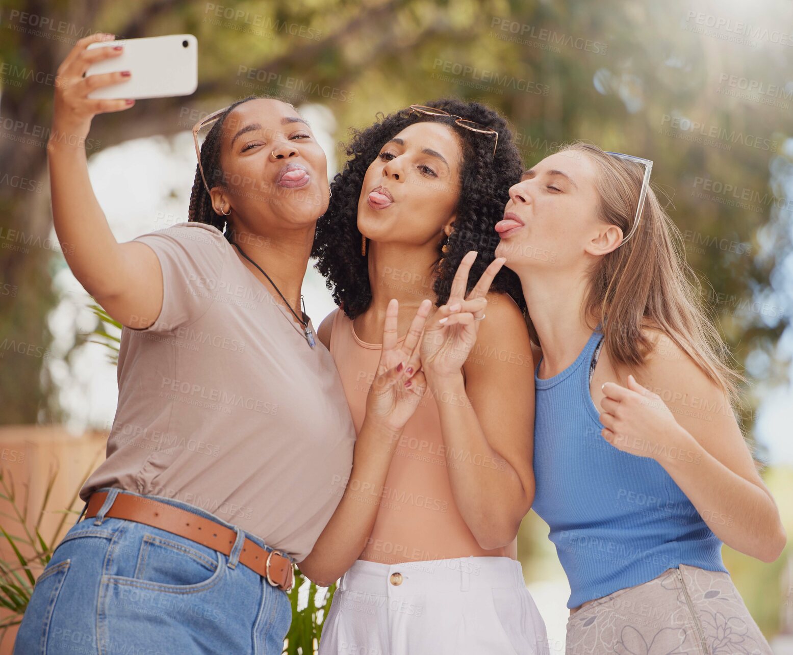 Buy stock photo Selfie, girl friends and peace sign of students together with travel and freedom with diversity. Female, happiness and happy summer vacation taking a social media profile picture in park on holiday