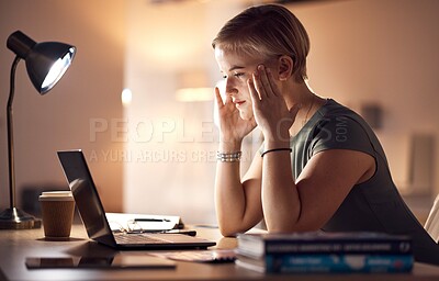 Buy stock photo Business woman, headache and computer work at night in a office with project report stress. Working in dark, anxiety and burnout of a corporate worker with a laptop problem and glitch feeling fatigue
