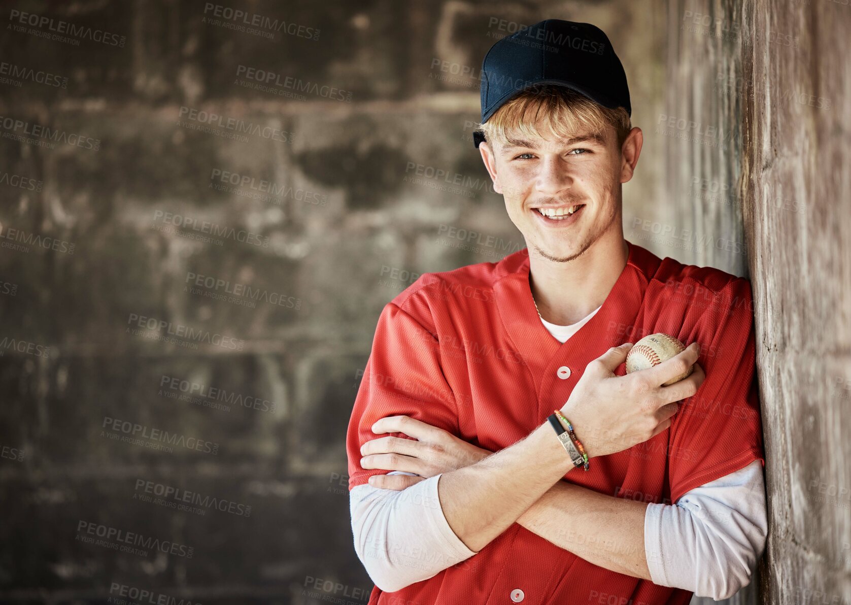 Buy stock photo Baseball, sports and portrait of man athlete standing with ball before game, workout or training. Fitness, softball and happy male player from Canada before match, competition or practice at stadium.