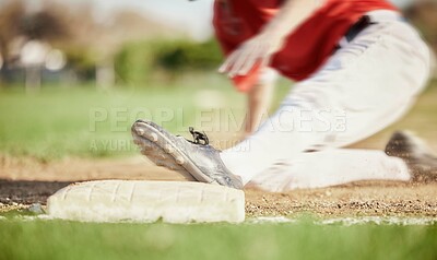 Buy stock photo Man, foot or slide on sports baseball field in game, match or competition challenge for homerun motion blur. Athlete, shoes or softball player feet in fast run, fitness or exercise workout on ground