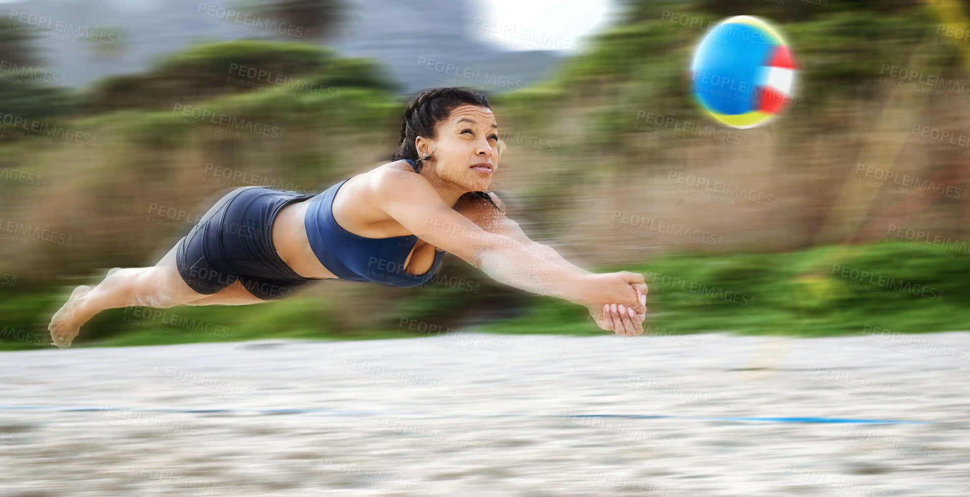 Buy stock photo Beach volleyball, diving or sports girl playing a game in training or fitness workout in summer. Air jump, blurry dive action or active woman on sand in a fun competitive match in Sao Paulo, Brazil