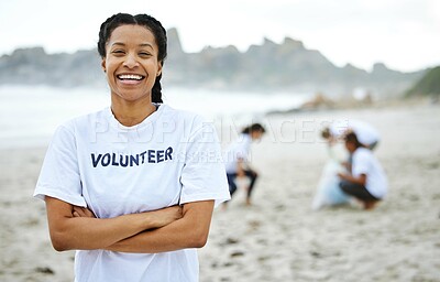 Buy stock photo Portrait, smile and volunteer woman at beach for cleaning, recycling and sustainability. Earth day, laughing and proud female with arms crossed for community service, charity and climate change.