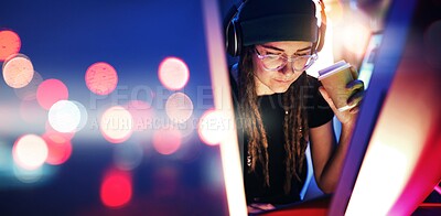 Buy stock photo Night, light or woman hacker in dark room coding, phishing or researching blockchain technology mockup. Bokeh, programmer or girl hacking online in digital cybersecurity on a website drinking coffee