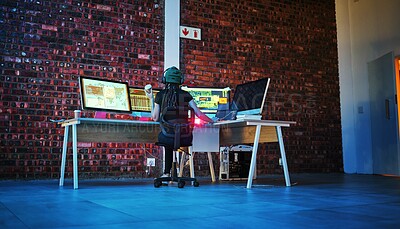 Buy stock photo Coding, hacker woman and computer monitor for cybersecurity, programming and data. Analytics code, dashboard and technology of a female working on futuristic, iot and software database at night