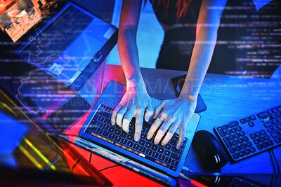 Buy stock photo Coding at night, hacker woman hands and computer for cybersecurity, programming and big data overlay. Server hack, dashboard and technology of female working on futuristic, iot and software database