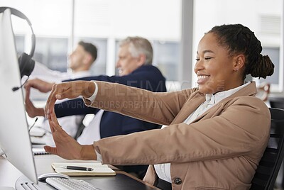 Buy stock photo Woman, call center and stretching hand at desk for exercise, muscle wellness and relief for stress with smile. Business people, customer service staff and health of hands in training at team building