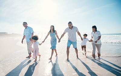 Buy stock photo Water, beach and big family together on holiday at the sea or ocean bonding for love, care and happiness. Happy, sun and parents with children or kids and grandparents on a vacation for freedom