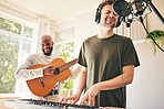 Piano, microphone and friends singing with guitar in home studio together. Electric keyboard, acoustic instrument or recording for collaboration, creative music production and headphones of happy men