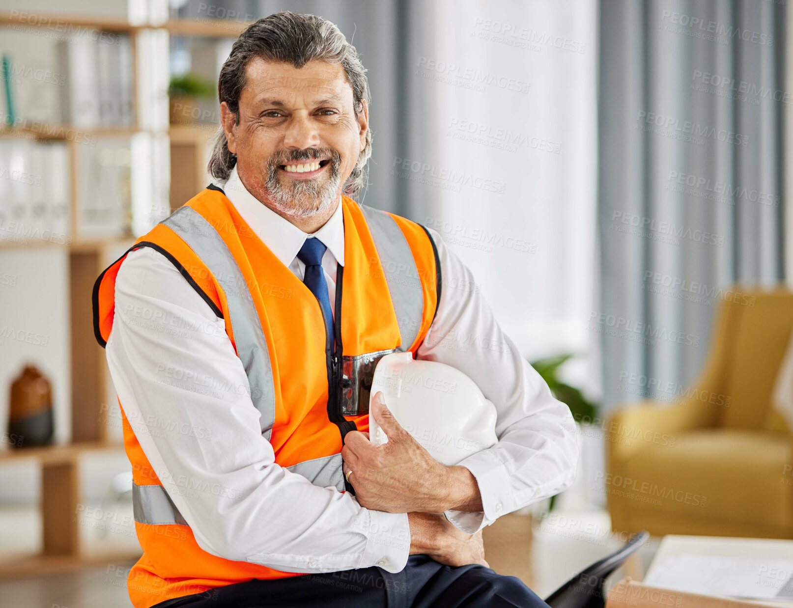 Buy stock photo Construction, contractor and portrait of man in office for project management, development and industrial planning. Happy mature designer, building planner and engineering manager with safety helmet