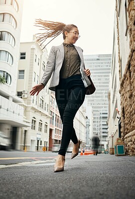 Buy stock photo Business woman, walking and job commute with trendy, gen z and young employee in the city. Busy, creative job and happy female professional on a sidewalk, street and urban road for travel to work