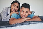Portrait, bed or happy couple in home with love, care or support while bonding to relax in home together. Morning, man or woman lying in bedroom with smile, peace or loyalty in marriage commitment