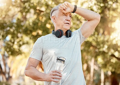 Buy stock photo Tired senior man, park and bottle for running, thinking and rest with breathing, fatigue or burnout in summer. Elderly runner, water and outdoor for exercise, workout or training in sunshine in Rome