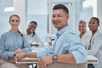 Buy stock photo Portrait, man and business people in a meeting, planning and brainstorming with a project, company development and conversation. Staff, group and leader with discussion, collaboration and teamwork