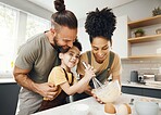 Child, mom and dad baking in kitchen, teaching and learning with happy support, development and breakfast. Smile, cooking and boy chef in home with happy parents, mixing bowl and eggs in the morning.