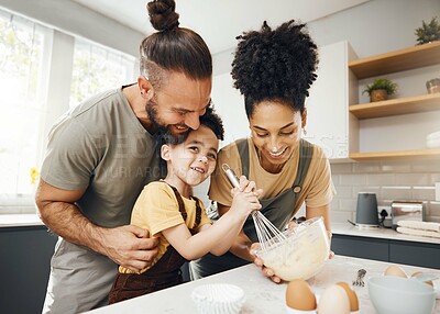 Buy stock photo Child, mom and dad baking in kitchen, teaching and learning with happy support, development and breakfast. Smile, cooking and boy chef in home with happy parents, mixing bowl and eggs in the morning.