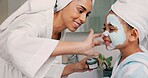 Mom, daughter and home skincare face mask of family bonding together with a house spa day. Mama and girl with beauty treatment, facial serum and skin moisterizer cream looking happy with a smile