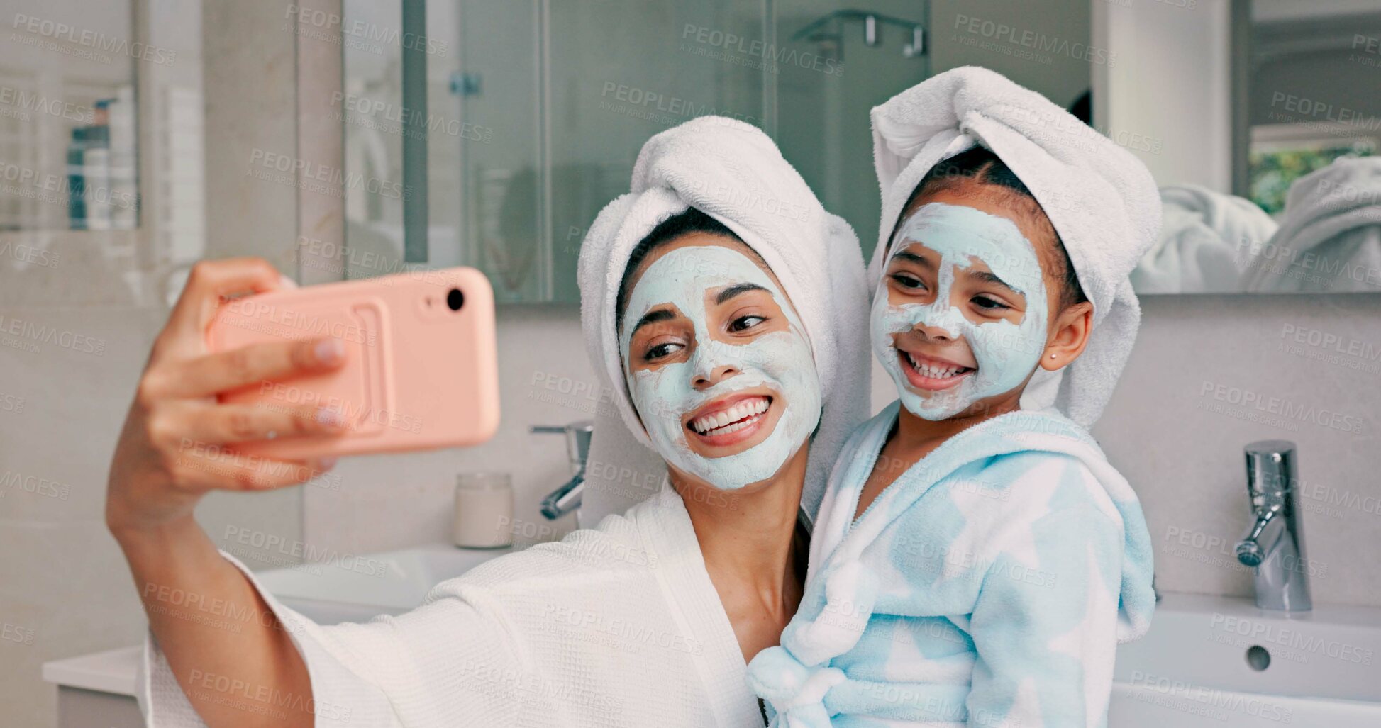 Buy stock photo Bathroom selfie, face mask and happy mother, child and people pose for memory photo, bond or skincare. Photography, smile and morning youth kid, mom and family post cosmetics routine to social media