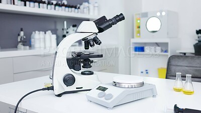 Buy stock photo Backgrounds, science scale and microscope in laboratory for innovation, medical research or investigation of dna, particles or medicine. Biotechnology tools, chemistry or empty for health development