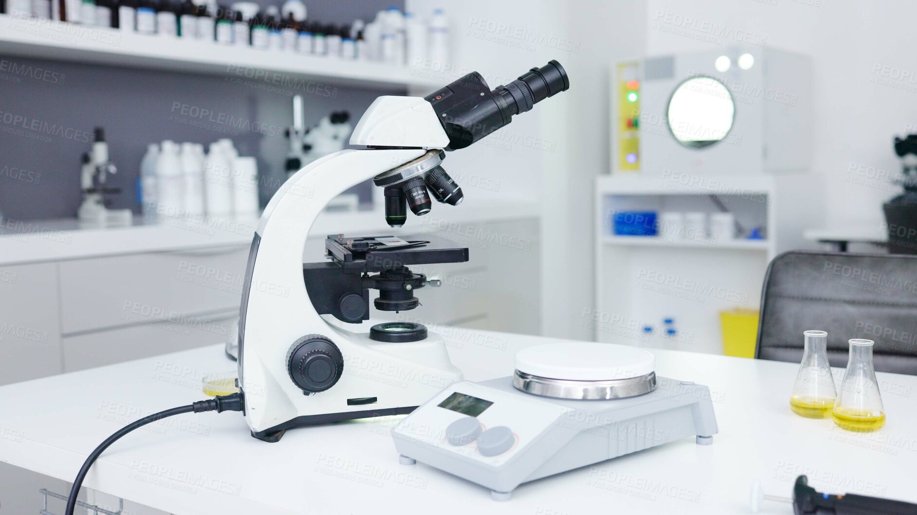 Buy stock photo Backgrounds, science scale and microscope in laboratory for innovation, medical research or investigation of dna, particles or medicine. Biotechnology tools, chemistry or empty for health development