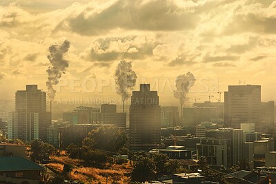 City, air pollution and gas emissions in sky, urban area and business park with toxic fumes, power plants and energy. Smoke, air and clouds with fog, nature and landscape for steam, vape or danger