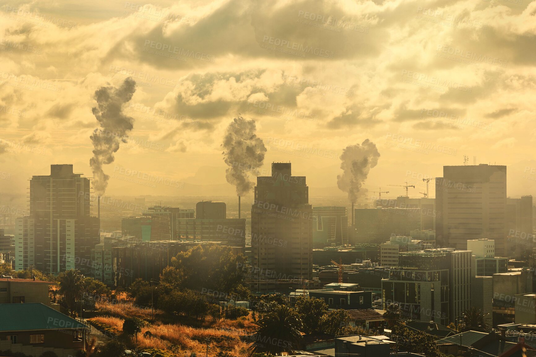 Buy stock photo City, air pollution and gas emissions in sky, urban area and business park with toxic fumes, power plants and energy. Smoke, air and clouds with fog, nature and landscape for steam, vape or danger