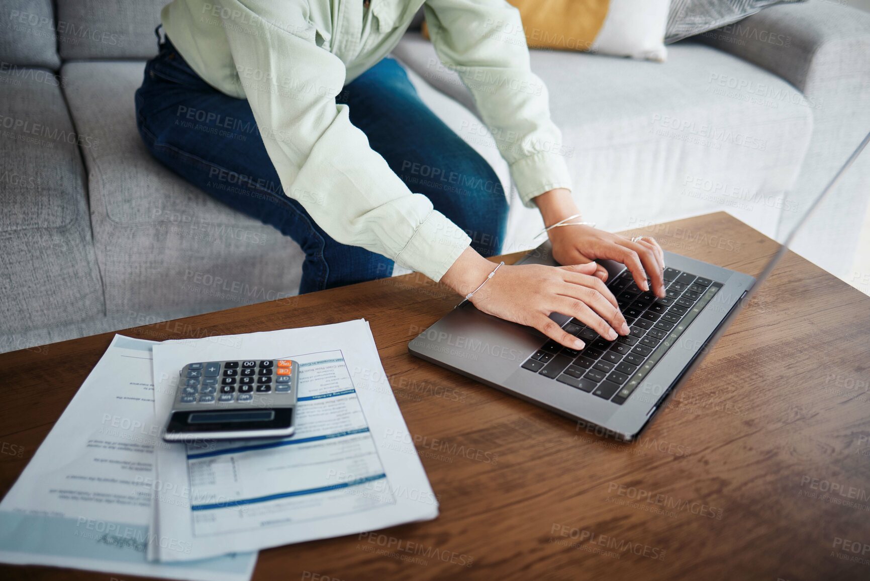 Buy stock photo Computer, money and calculator with hands for home budget, financial planning and salary, rent cost or online loan. Person typing on laptop and sofa with cash and documents for mortgage and bills 