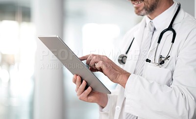 Buy stock photo Doctor person, hands and tablet with hospital, healthcare and wellness data in a clinic. Technology, online results and research and medical professional working and planning on the internet at job