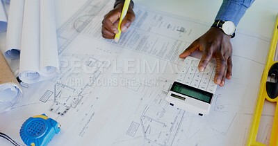 Buy stock photo Architecture, hands and calculator for blueprint planning. ratio check and numbers or project development design. Designer, contractor or engineering worker with floor plan strategy, sketch and lines