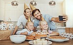 Parents, children and selfie with birthday cake for celebration with smile, love and sweets in home. Photography, happy family and mom, dad and kids together at table for girl party event in house.