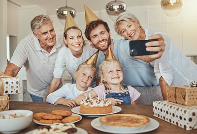 Buy stock photo Selfie of parents, grandparents and children with birthday cake for celebration with smile, love and sweets in home. Photography, big family and men, women and kids together for girl party in house.