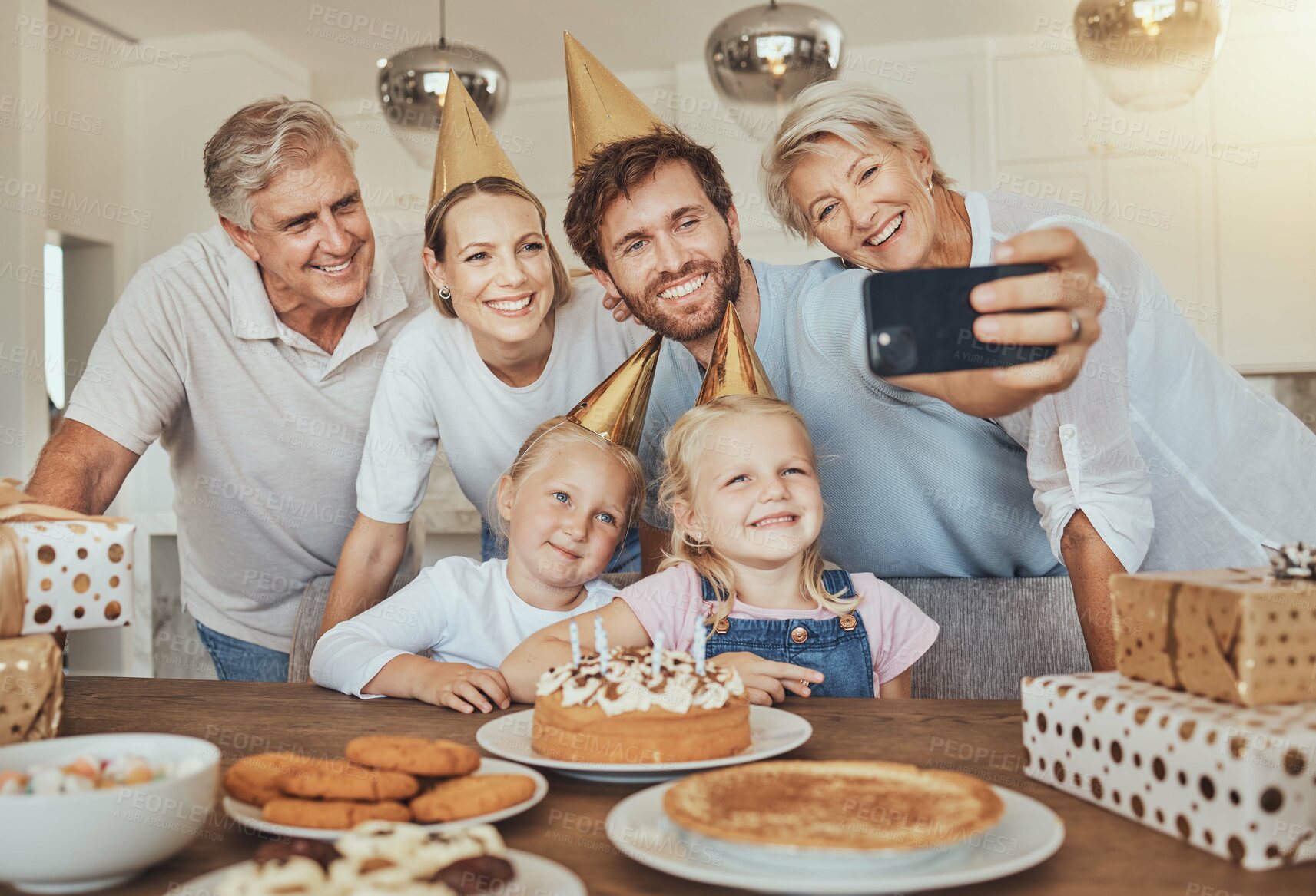 Buy stock photo Selfie of parents, grandparents and children with birthday cake for celebration with smile, love and sweets in home. Photography, big family and men, women and kids together for girl party in house.