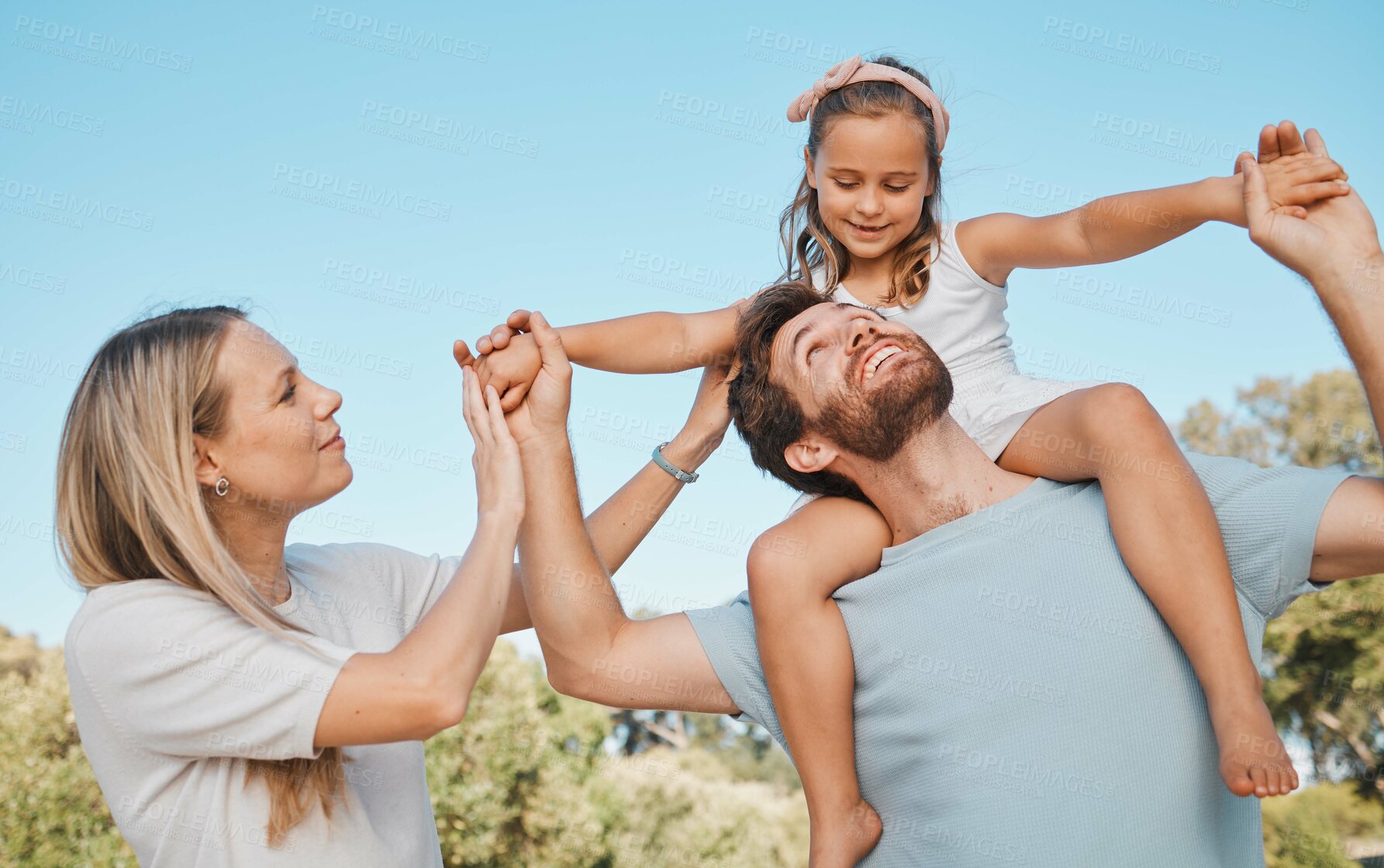 Buy stock photo Nature, shoulder carry and happy family child, mother and father enjoy time together, park or airplane game. Summer freedom, parents and outdoor kid, mama and papa bonding, playing and piggyback girl