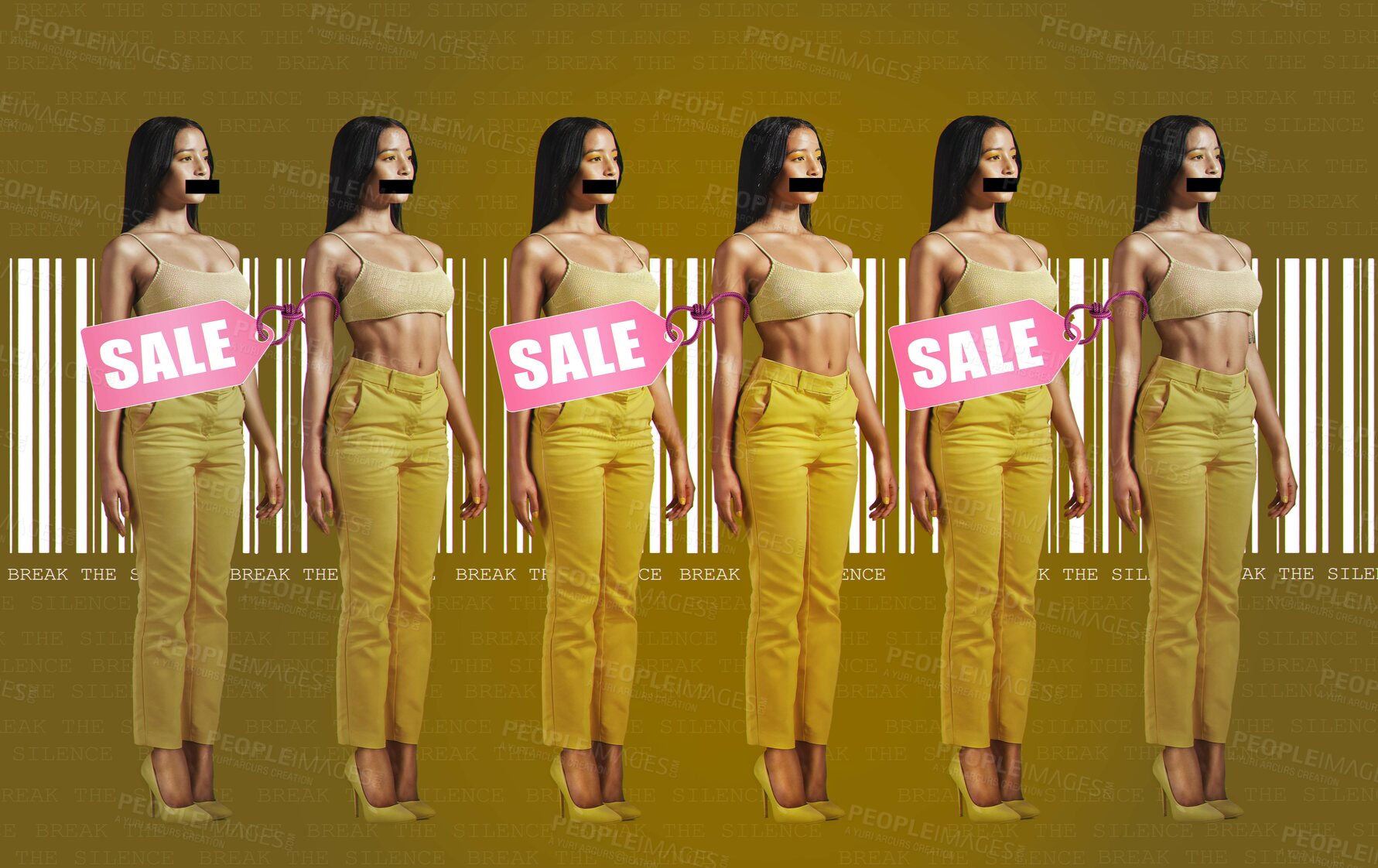 Buy stock photo Woman, silence and human trafficking or censored, stop and crime of sexual assault, violence in mockup. Female victim, trauma and slavery of prohibited speech, fear and scared of risk, quiet and mute