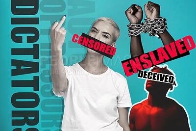 Buy stock photo Censorship, cancel culture and the middle finger of an angry woman on a blue background to fight for freedom or human rights. Portrait, free speech and fake news with a young person at a protest