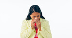 Sinusitis, allergy and sick woman with healthcare in studio, mockup space or white background. Bacteria, infection or person with flu, virus or medical symptoms of covid, cold or employee sneezing
