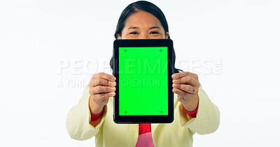 Buy stock photo Green screen, tablet and woman in studio with mockup for social media, space or promo on white background. Digital, presentation and female model show platform, service or sign up announcement offer