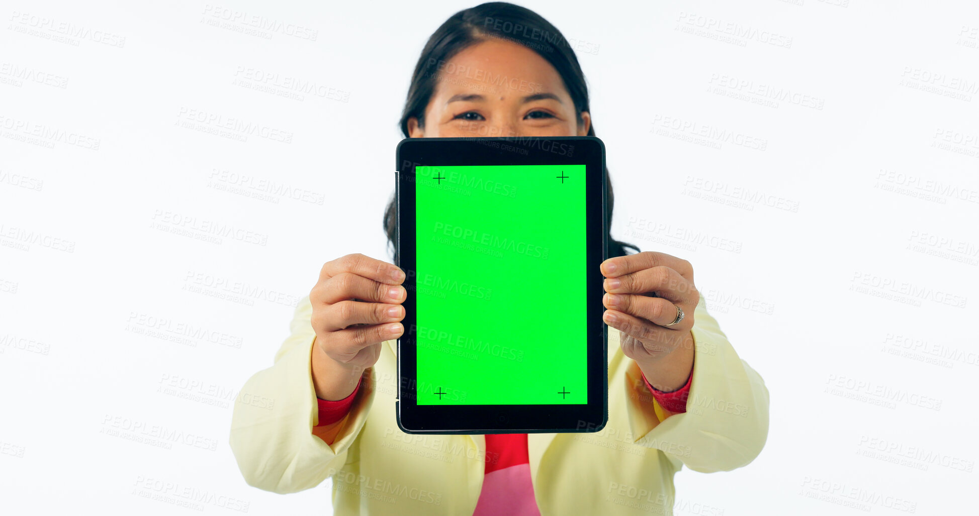 Buy stock photo Green screen, tablet and woman in studio with mockup for social media, space or promo on white background. Digital, presentation and female model show platform, service or sign up announcement offer