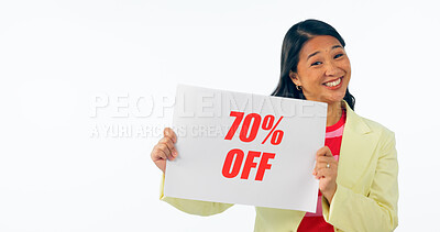 Buy stock photo Happy asian woman, portrait and sign for discount, promotion or sale against a white studio background. Female person smile with billboard or poster for good deal, store promo or savings in shopping