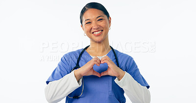 Buy stock photo Happy asian woman, portrait and doctor with heart hands for love in healthcare against a white studio background. Female person, medical nurse or professional cardiologist with like emoji or yes