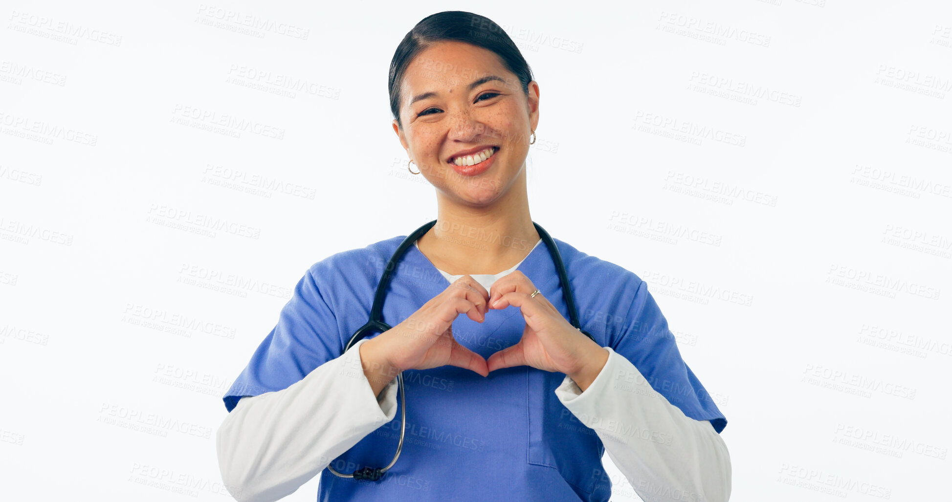Buy stock photo Happy asian woman, portrait and doctor with heart hands for love in healthcare against a white studio background. Female person, medical nurse or professional cardiologist with like emoji or yes