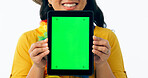 Happy woman, hands and tablet with green screen for advertising or marketing against a white studio background. Closeup of female person smile showing technology display, online app or mockup space